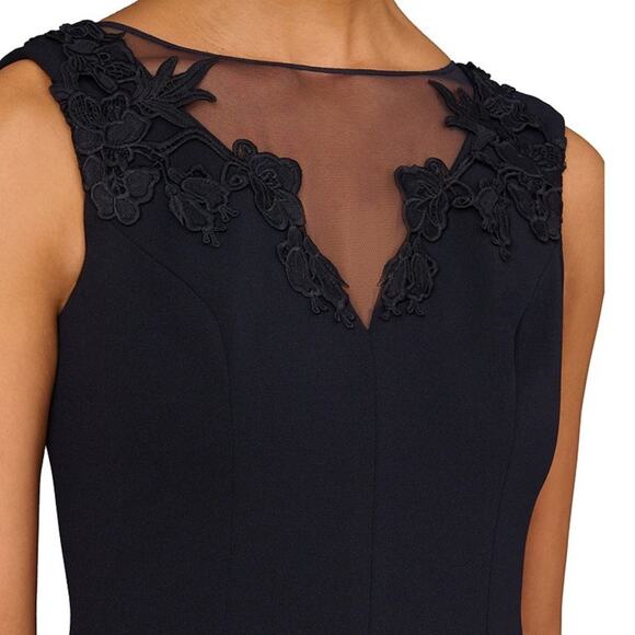 Aidan Mattox Stretch V-Neck Cap Sleeve Flounce Floral Mesh Insert Sheath Dress - Picture 4 of 15